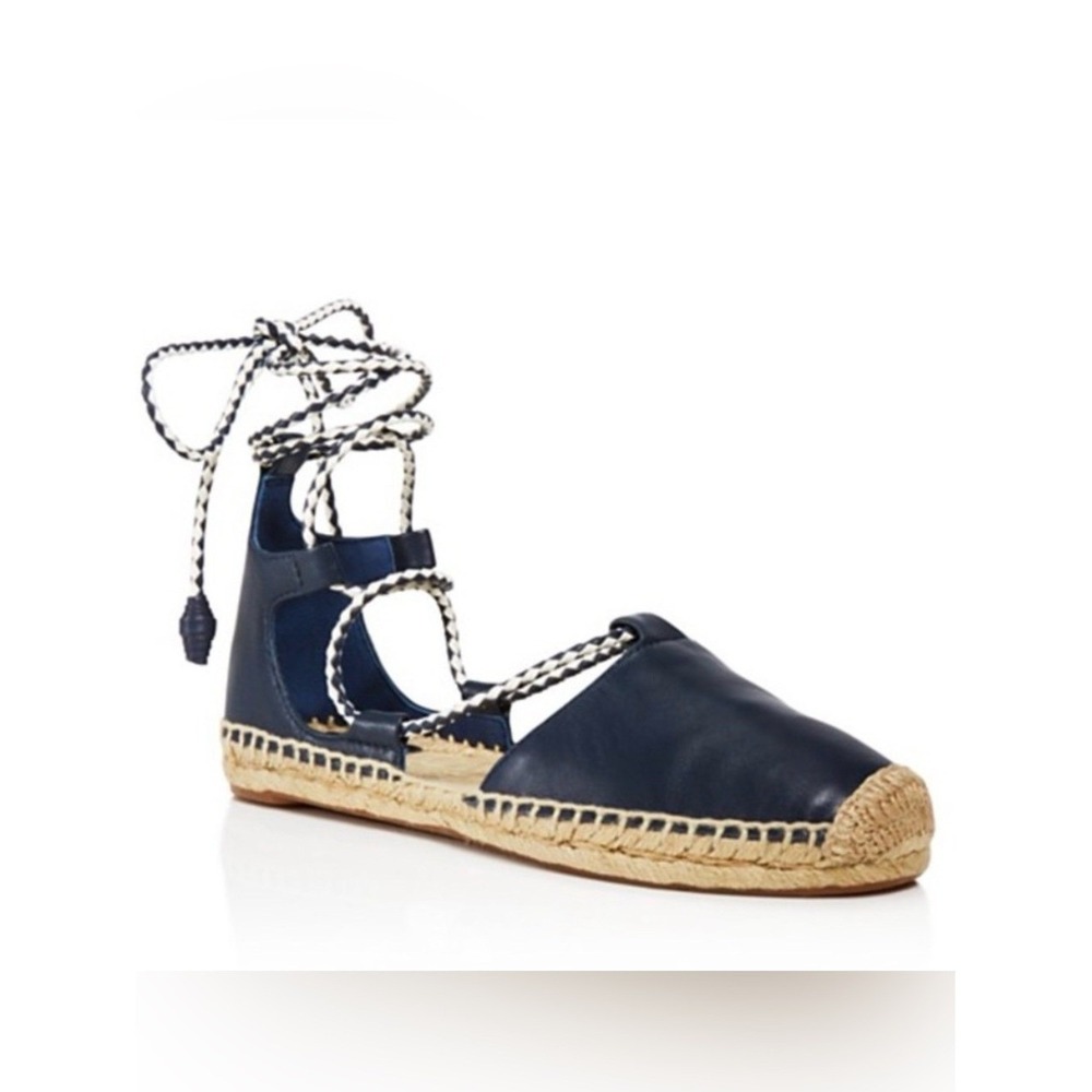 Tory Burch Positano Lace-Up Espadrille Blue Leather Ankle Wrap Flats Size 10